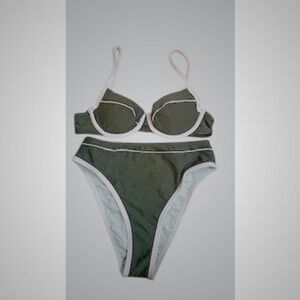 Cupshe Womens Olive Green White Piping High Waisted Underwire Bikini Set Size S